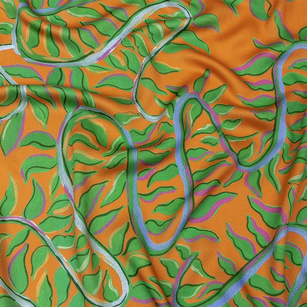 Rayon Challis - Orange and Green Foliage - Looking Vine Print - Mood Exclusive Citrus Collection Rayon Challis - Orange and Green Foliage - Looking Vine Print - Mood Exclusive Citrus Collection
