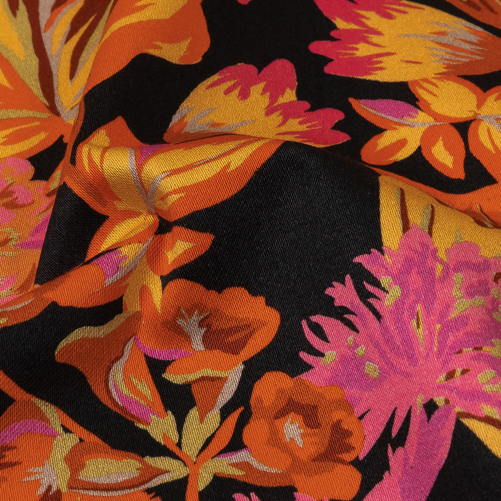 Stretch Cotton Sateen - Black, Pink and Yellow Floral - Tangerine Dreams Print - Mood Exclusive Citrus Collection