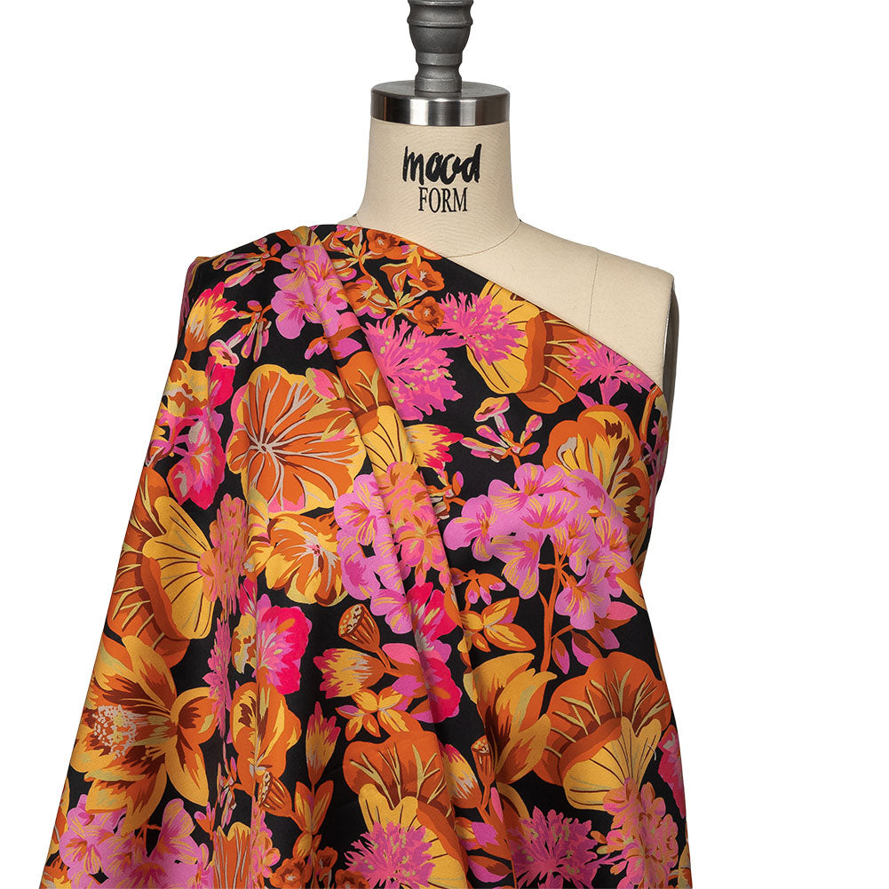 Stretch Cotton Sateen - Black, Pink and Yellow Floral - Tangerine Dreams Print - Mood Exclusive Citrus Collection