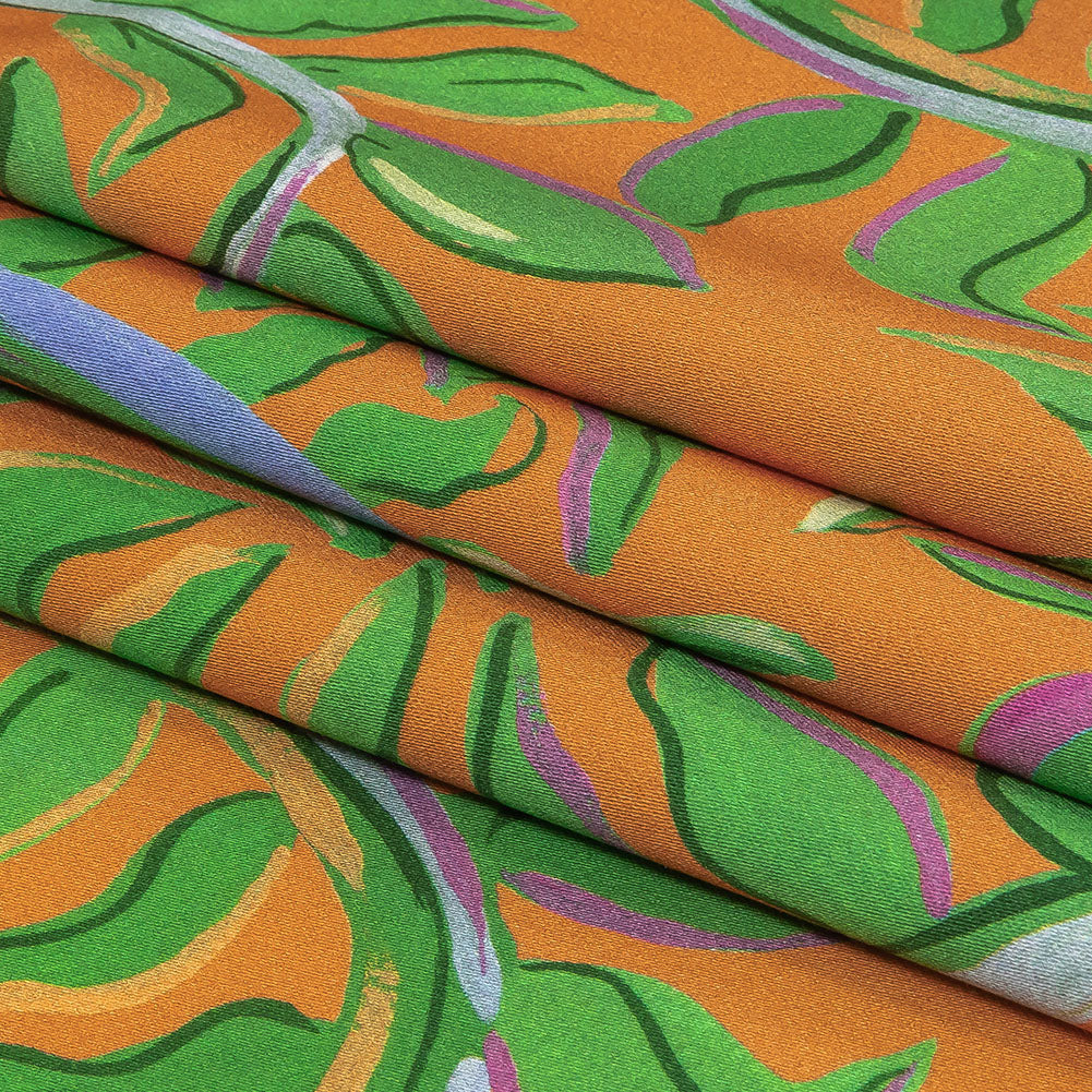 Stretch Cotton Sateen - Orange and Green Foliage - Looking Vine Print - Mood Exclusive Citrus Collection - Folded Stretch Cotton Sateen - Orange and Green Foliage - Looking Vine Print - Mood Exclusive Citrus Collection - Folded