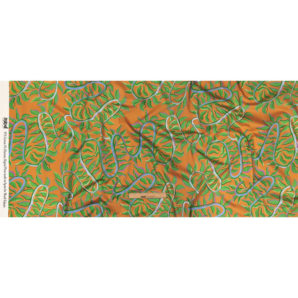 Stretch Cotton Sateen - Orange and Green Foliage - Looking Vine Print - Mood Exclusive Citrus Collection - Full Stretch Cotton Sateen - Orange and Green Foliage - Looking Vine Print - Mood Exclusive Citrus Collection - Full