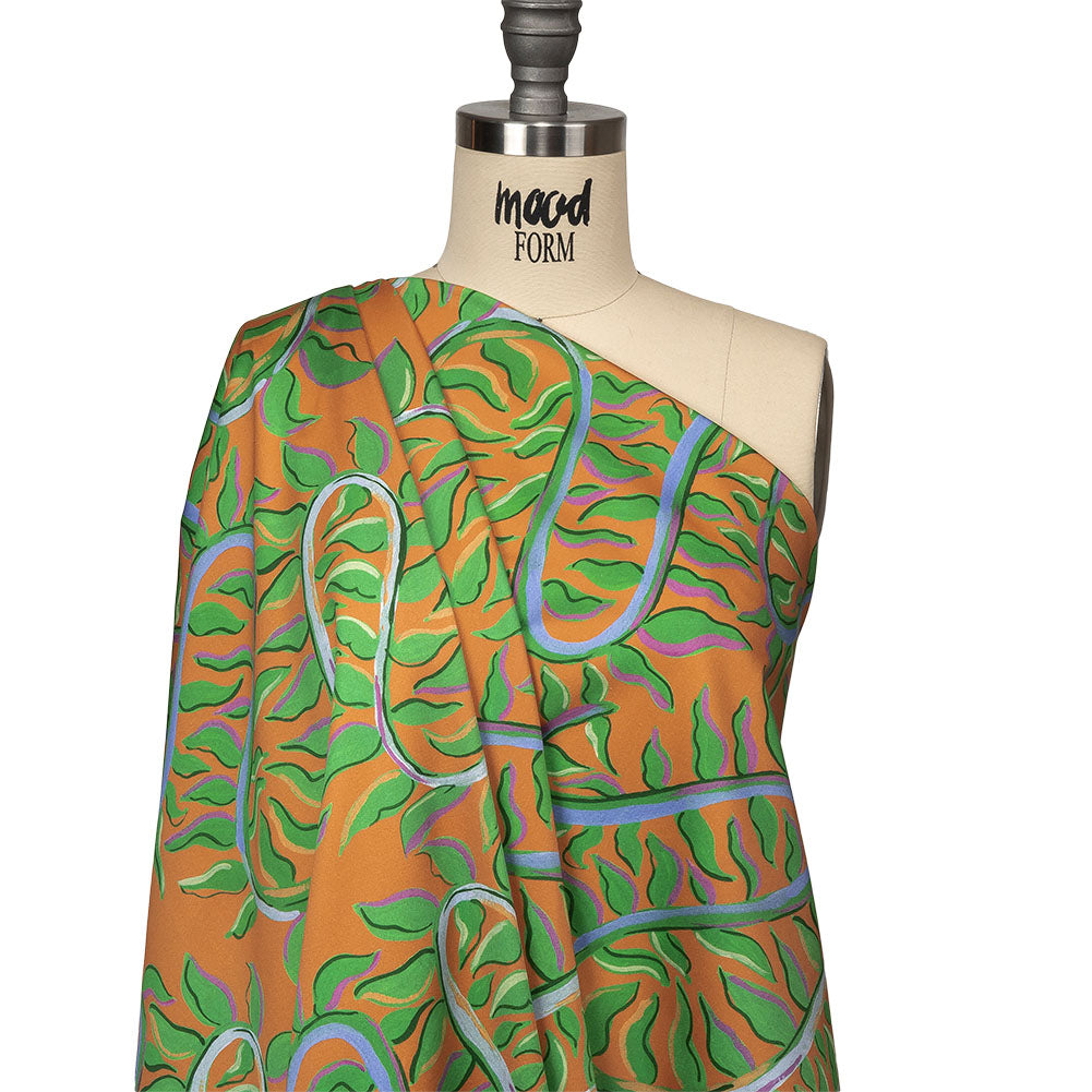 Stretch Cotton Sateen - Orange and Green Foliage - Looking Vine Print - Mood Exclusive Citrus Collection - Drape Stretch Cotton Sateen - Orange and Green Foliage - Looking Vine Print - Mood Exclusive Citrus Collection - Drape