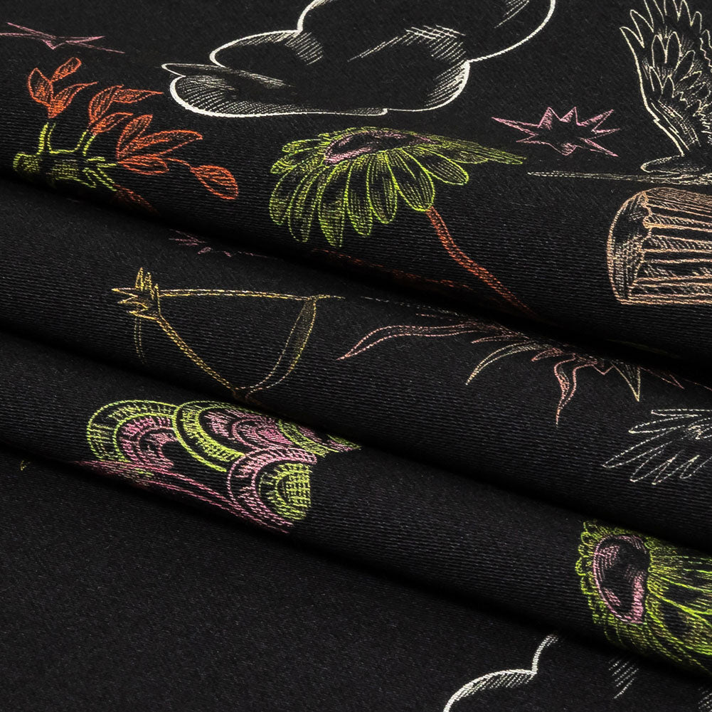 Stretch Cotton Sateen - Black Trees and Windows - Summer Nights Print - Mood Exclusive Citrus Collection - Folded Stretch Cotton Sateen - Black Trees and Windows - Summer Nights Print - Mood Exclusive Citrus Collection - Folded