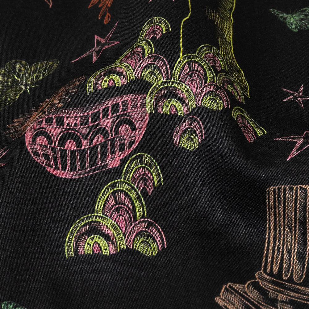 Stretch Cotton Sateen - Black Trees and Windows - Summer Nights Print - Mood Exclusive Citrus Collection - Detail Stretch Cotton Sateen - Black Trees and Windows - Summer Nights Print - Mood Exclusive Citrus Collection - Detail