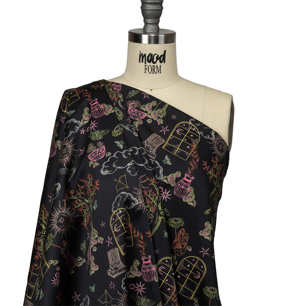 Stretch Cotton Sateen - Black Trees and Windows - Summer Nights Print - Mood Exclusive Citrus Collection - Drape Stretch Cotton Sateen - Black Trees and Windows - Summer Nights Print - Mood Exclusive Citrus Collection - Drape
