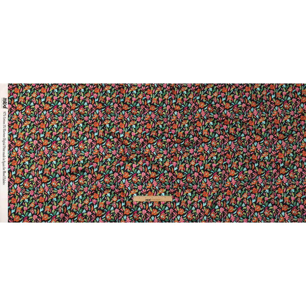 Stretch Cotton Sateen - Pink, Blue and Black Floral - Confetti Fete Print - Mood Exclusive Citrus Collection - Full Stretch Cotton Sateen - Pink, Blue and Black Floral - Confetti Fete Print - Mood Exclusive Citrus Collection - Full