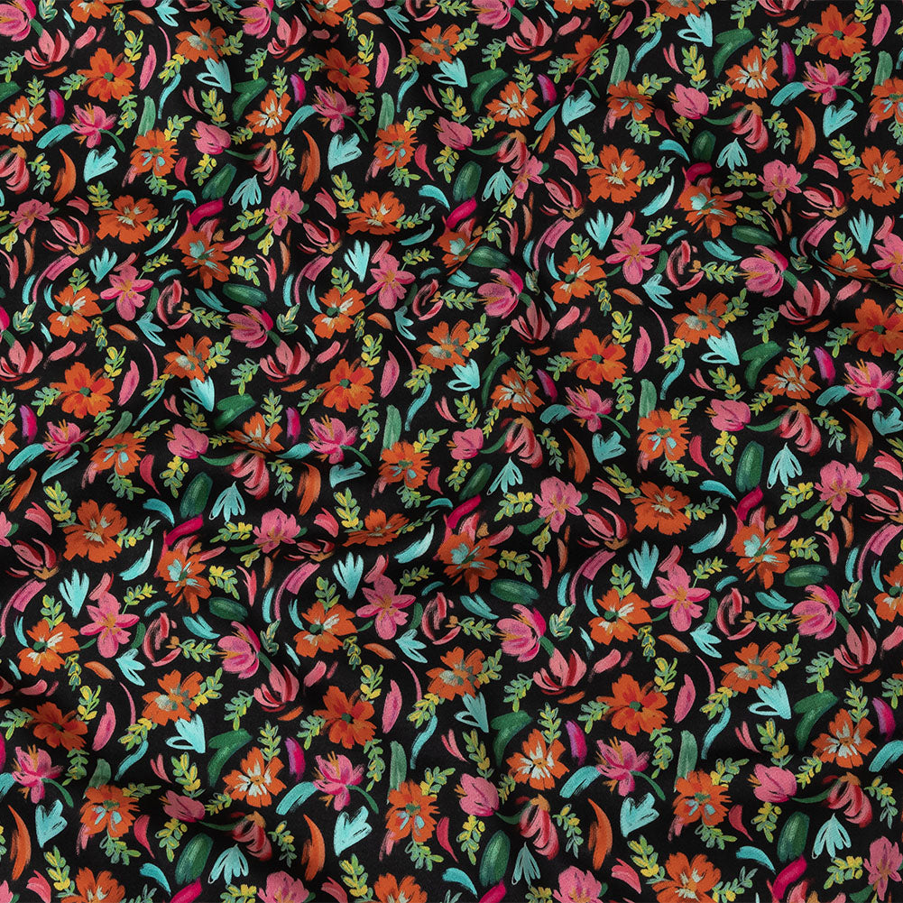 Stretch Cotton Sateen - Pink, Blue and Black Floral - Confetti Fete Print - Mood Exclusive Citrus Collection Stretch Cotton Sateen - Pink, Blue and Black Floral - Confetti Fete Print - Mood Exclusive Citrus Collection