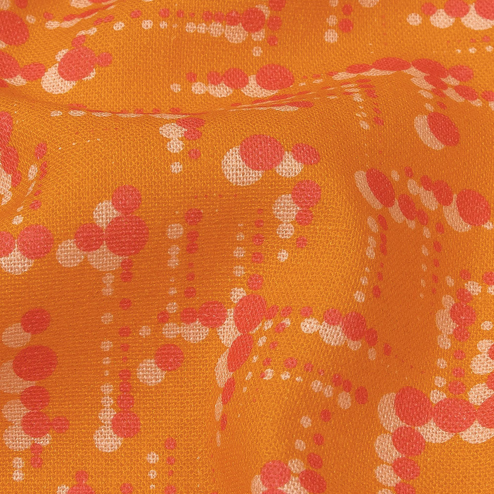 Linen and Rayon Woven - Orange and Pink Dot Lines - Spot of Sunshine Print - Mood Exclusive Citrus Collection - Detail Linen and Rayon Woven - Orange and Pink Dot Lines - Spot of Sunshine Print - Mood Exclusive Citrus Collection - Detail
