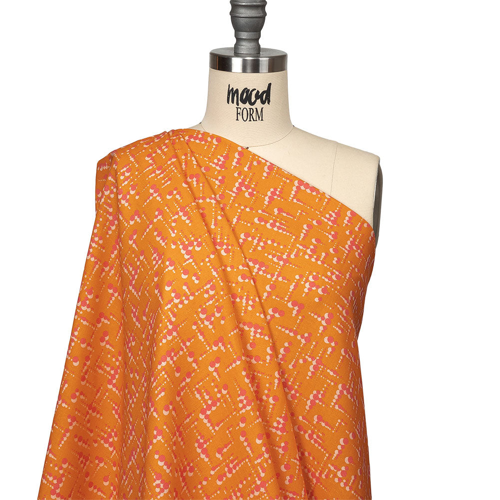 Linen and Rayon Woven - Orange and Pink Dot Lines - Spot of Sunshine Print - Mood Exclusive Citrus Collection - Drape Linen and Rayon Woven - Orange and Pink Dot Lines - Spot of Sunshine Print - Mood Exclusive Citrus Collection - Drape