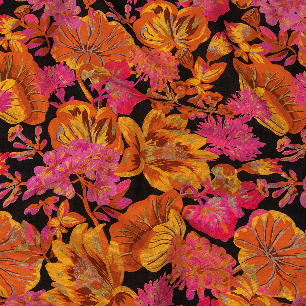 Linen and Rayon Woven - Black, Pink and Yellow Floral - Tangerine Dreams Print - Mood Exclusive Citrus Collection Linen and Rayon Woven - Black, Pink and Yellow Floral - Tangerine Dreams Print - Mood Exclusive Citrus Collection