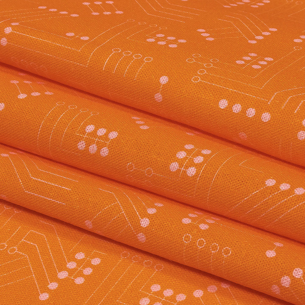 Linen and Rayon Woven - Orange Circuit Board Dots - Circuit Breaker Print - Mood Exclusive Citrus Collection - Folded Linen and Rayon Woven - Orange Circuit Board Dots - Circuit Breaker Print - Mood Exclusive Citrus Collection - Folded