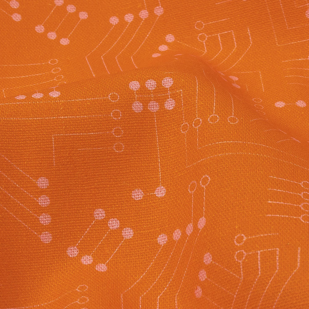 Linen and Rayon Woven - Orange Circuit Board Dots - Circuit Breaker Print - Mood Exclusive Citrus Collection - Detail Linen and Rayon Woven - Orange Circuit Board Dots - Circuit Breaker Print - Mood Exclusive Citrus Collection - Detail