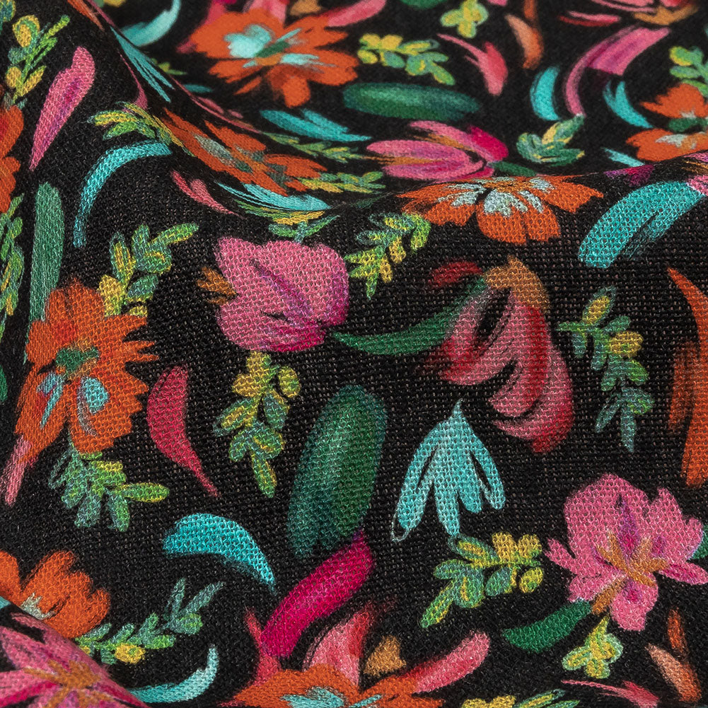 Linen and Rayon Woven - Pink, Blue and Black Floral - Confetti Fete Print - Mood Exclusive Citrus Collection Linen and Rayon Woven - Pink, Blue and Black Floral - Confetti Fete Print - Mood Exclusive Citrus Collection