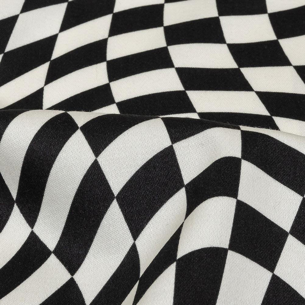 Stretch Cotton Sateen - Black and White Warped Checks - Down the Rabbit Hole Print - Mood Exclusive Indigo Collection Stretch Cotton Sateen - Black and White Warped Checks - Down the Rabbit Hole Print - Mood Exclusive Indigo Collection
