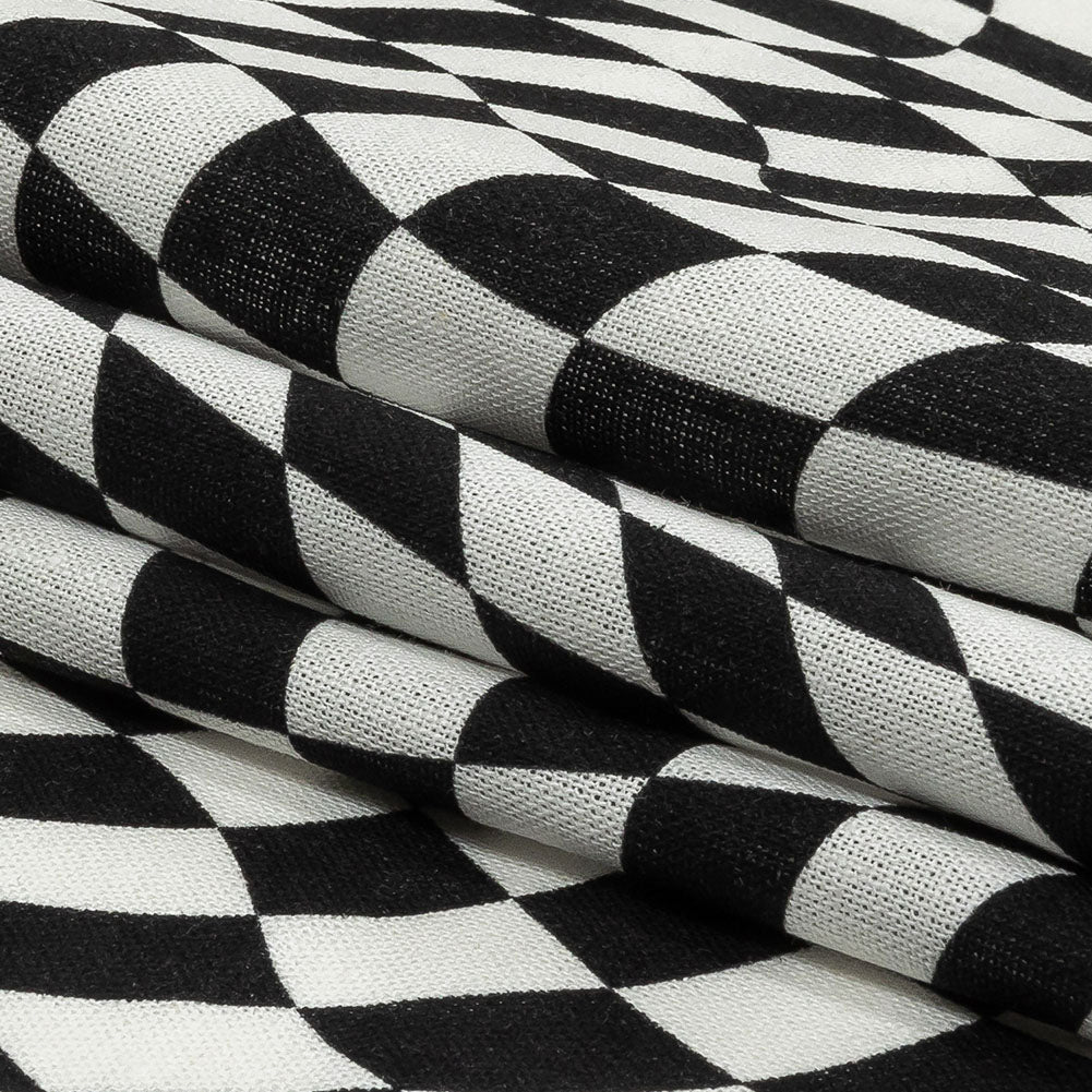 Linen and Rayon Woven - Black and White Warped Checks - Down the Rabbit Hole Print - Mood Exclusive Indigo Collection Linen and Rayon Woven - Black and White Warped Checks - Down the Rabbit Hole Print - Mood Exclusive Indigo Collection