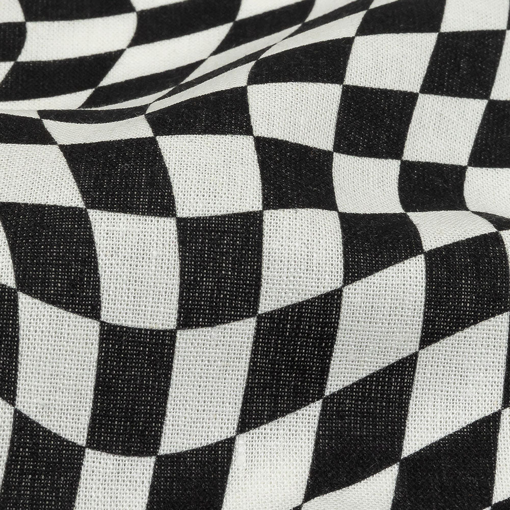 Linen and Rayon Woven - Black and White Warped Checks - Down the Rabbit Hole Print - Mood Exclusive Indigo Collection Linen and Rayon Woven - Black and White Warped Checks - Down the Rabbit Hole Print - Mood Exclusive Indigo Collection