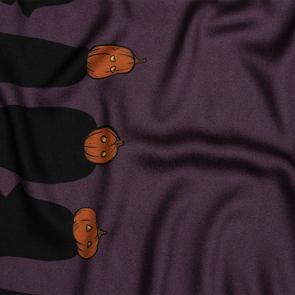 Rayon Challis - Purple Pumpkin People Border - Pumpkin Parade Print - Mood Exclusive Jack-O-Lantern Collection Rayon Challis - Purple Pumpkin People Border - Pumpkin Parade Print - Mood Exclusive Jack-O-Lantern Collection