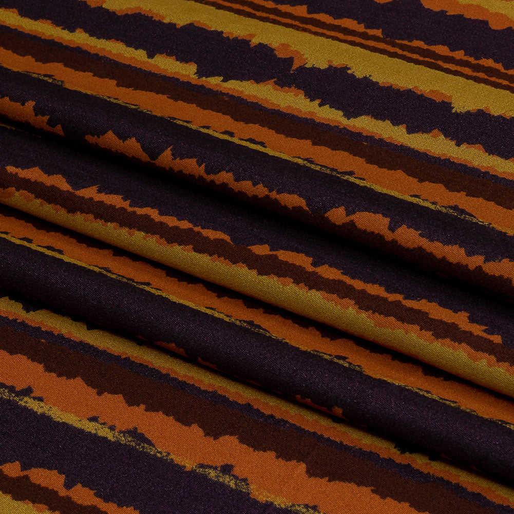Rayon Challis - Purple, Orange and Yellow Stripes - Foliate Pathways Print - Mood Exclusive Jack-O-Lantern Collection - Folded Rayon Challis - Purple, Orange and Yellow Stripes - Foliate Pathways Print - Mood Exclusive Jack-O-Lantern Collection - Folded