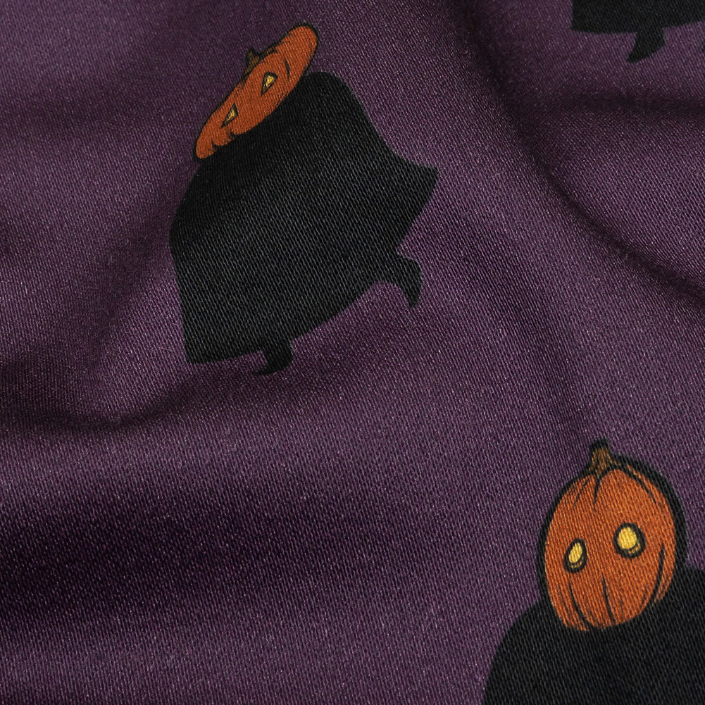 Stretch Cotton Sateen - Purple Pumpkin People - Pumpkin Patch Print - Mood Exclusive Jack-O-Lantern Collection - Detail Stretch Cotton Sateen - Purple Pumpkin People - Pumpkin Patch Print - Mood Exclusive Jack-O-Lantern Collection - Detail