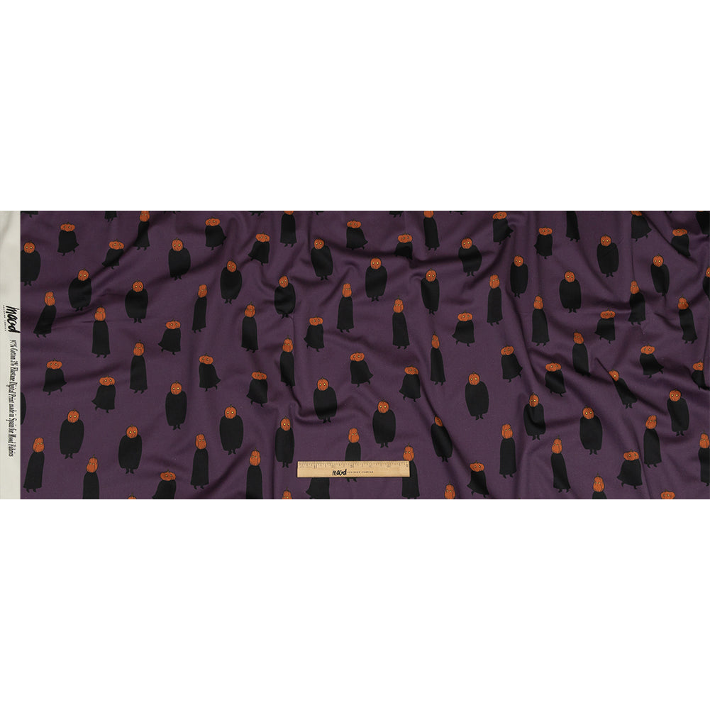 Stretch Cotton Sateen - Purple Pumpkin People - Pumpkin Patch Print - Mood Exclusive Jack-O-Lantern Collection - Full Stretch Cotton Sateen - Purple Pumpkin People - Pumpkin Patch Print - Mood Exclusive Jack-O-Lantern Collection - Full