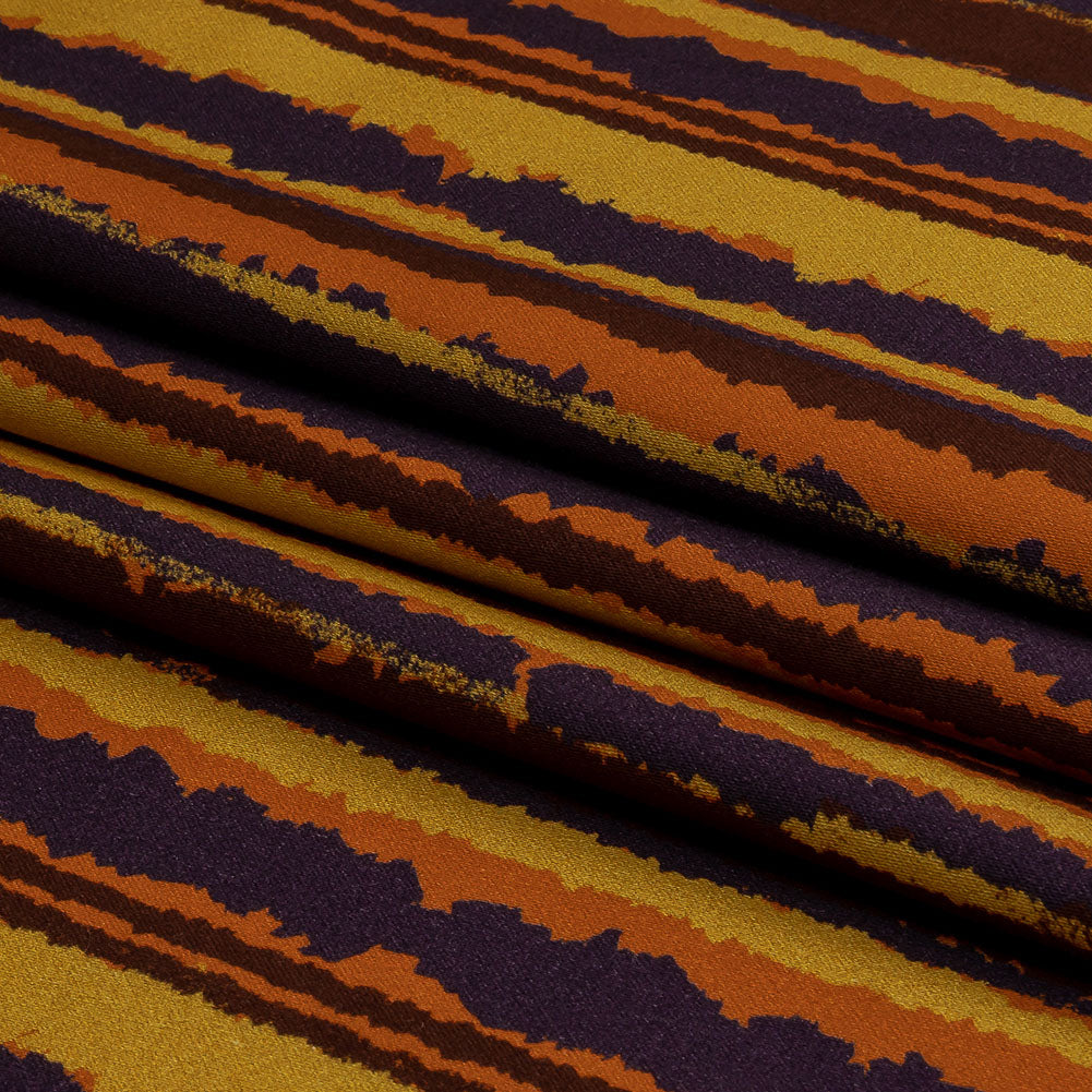 Stretch Cotton Sateen - Purple, Orange and Yellow Stripes - Foliate Pathways Print - Mood Exclusive Jack-O-Lantern Collection Stretch Cotton Sateen - Purple, Orange and Yellow Stripes - Foliate Pathways Print - Mood Exclusive Jack-O-Lantern Collection