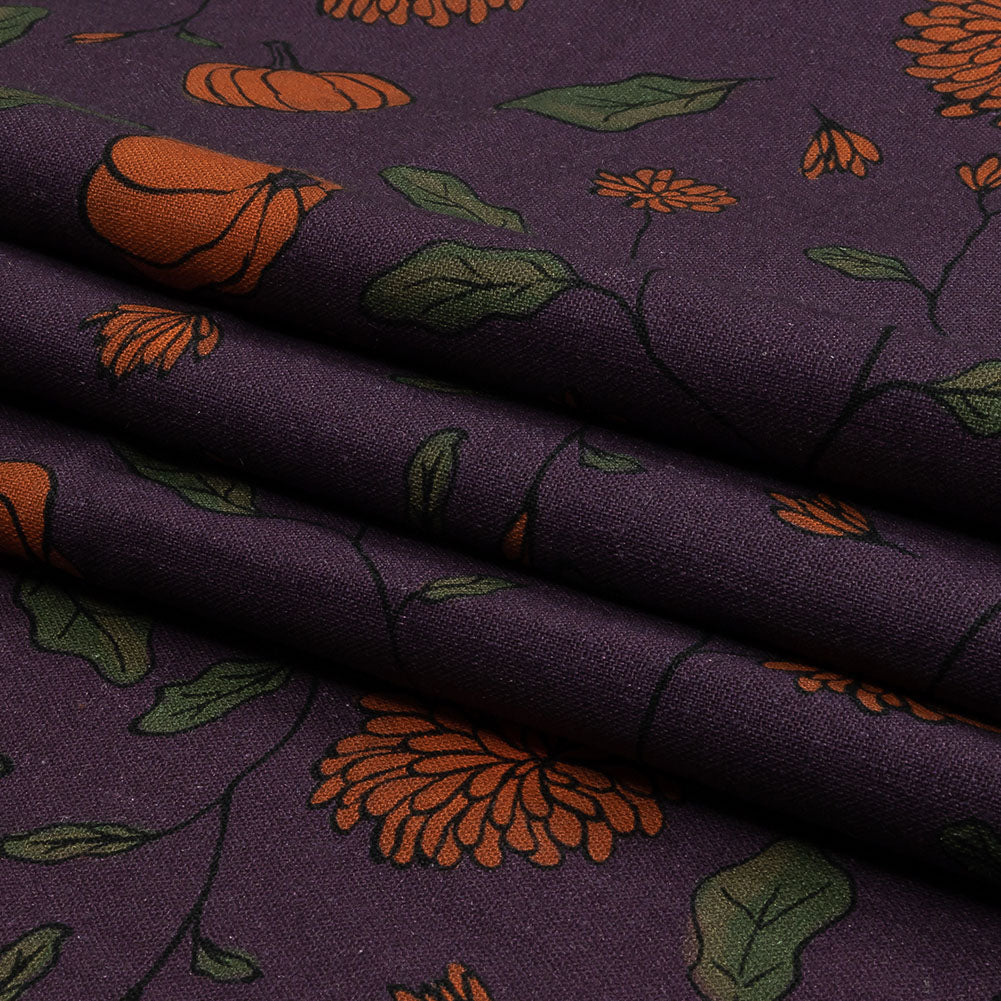 Linen and Rayon Woven - Purple and Orange Pumpkins and Flowers - Chrysanthemum Crisp Print - Mood Exclusive Jack-O-Lantern Collection Linen and Rayon Woven - Purple and Orange Pumpkins and Flowers - Chrysanthemum Crisp Print - Mood Exclusive Jack-O-Lantern Collection
