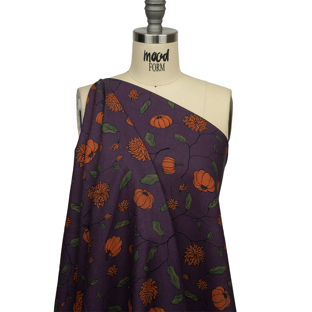 Linen and Rayon Woven - Purple and Orange Pumpkins and Flowers - Chrysanthemum Crisp Print - Mood Exclusive Jack-O-Lantern Collection Linen and Rayon Woven - Purple and Orange Pumpkins and Flowers - Chrysanthemum Crisp Print - Mood Exclusive Jack-O-Lantern Collection