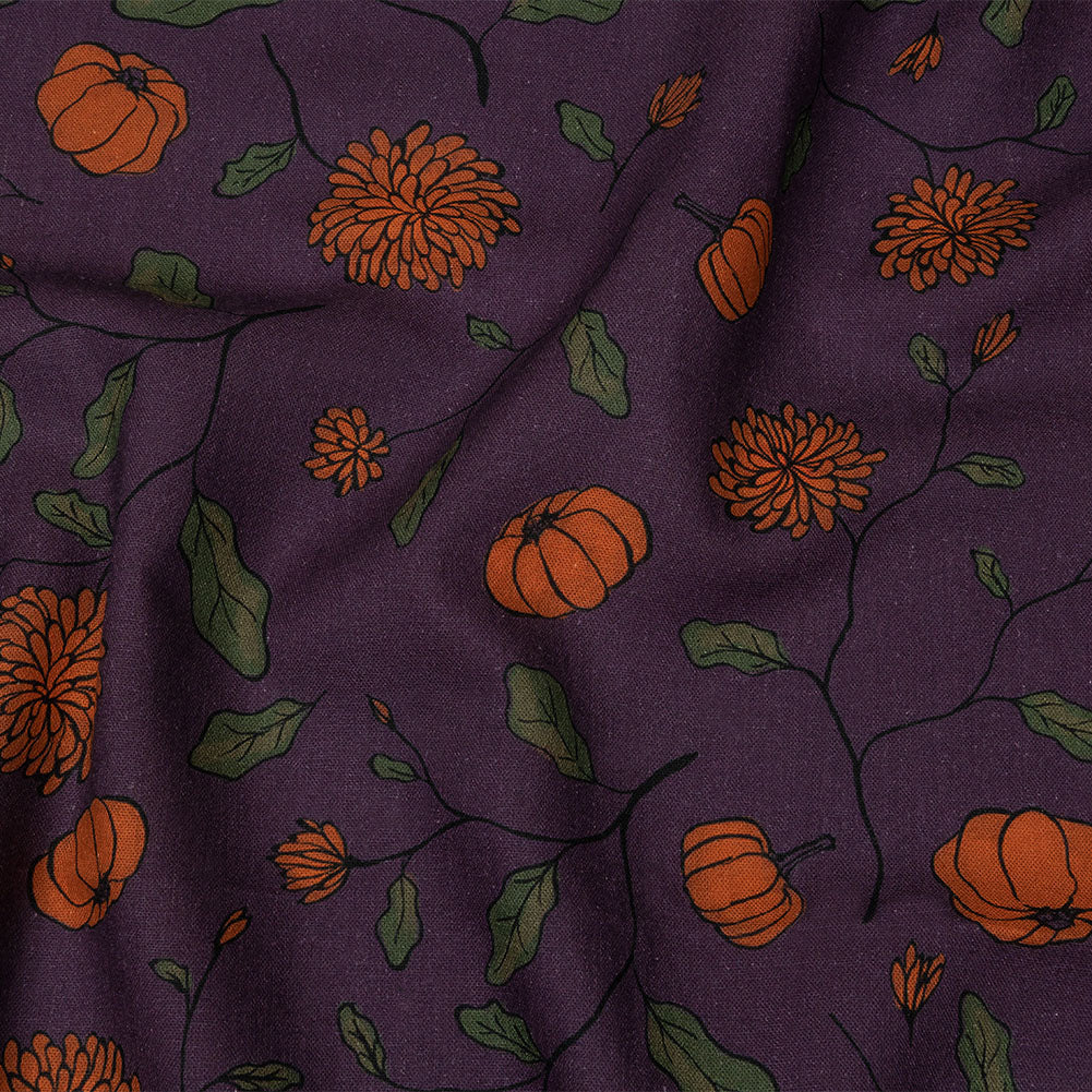 Linen and Rayon Woven - Purple and Orange Pumpkins and Flowers - Chrysanthemum Crisp Print - Mood Exclusive Jack-O-Lantern Collection Linen and Rayon Woven - Purple and Orange Pumpkins and Flowers - Chrysanthemum Crisp Print - Mood Exclusive Jack-O-Lantern Collection