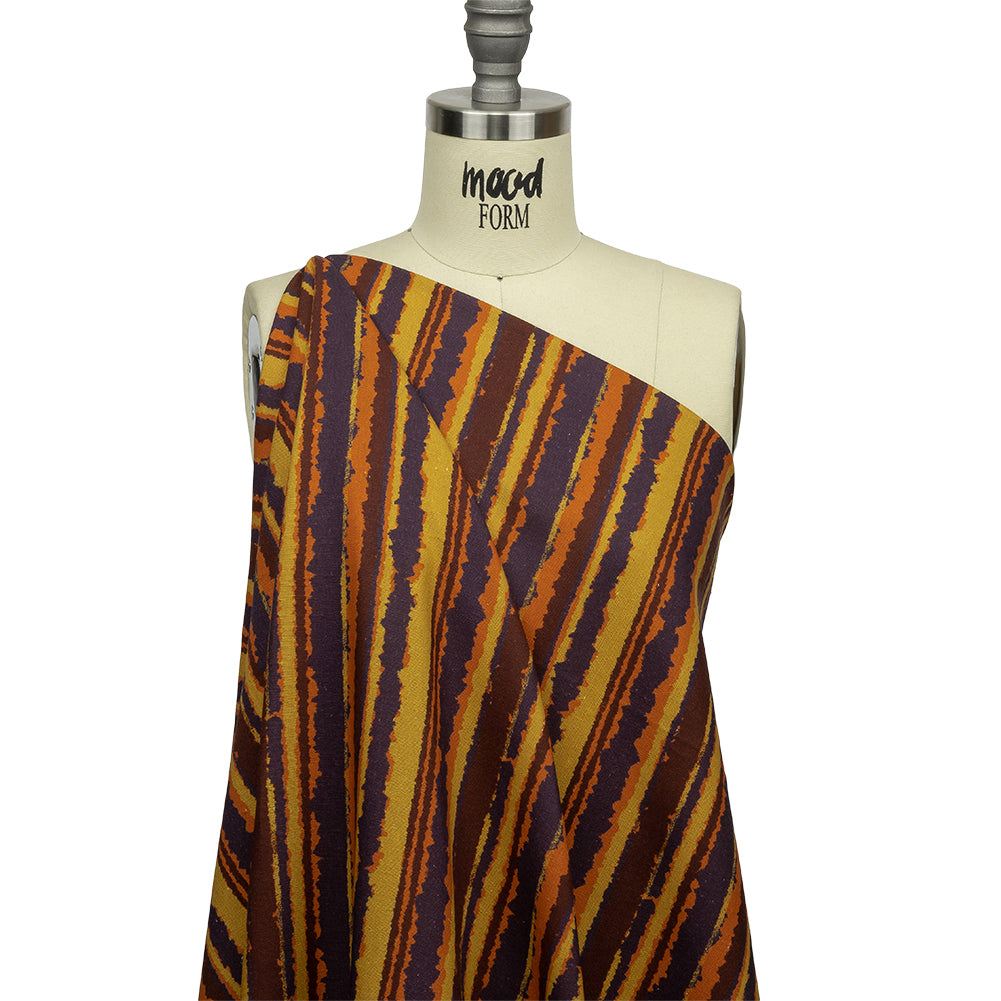 Linen and Rayon Woven - Purple, Orange and Yellow Stripes - Foliate Pathways Print - Mood Exclusive Jack-O-Lantern Collection - Drape Linen and Rayon Woven - Purple, Orange and Yellow Stripes - Foliate Pathways Print - Mood Exclusive Jack-O-Lantern Collection - Drape