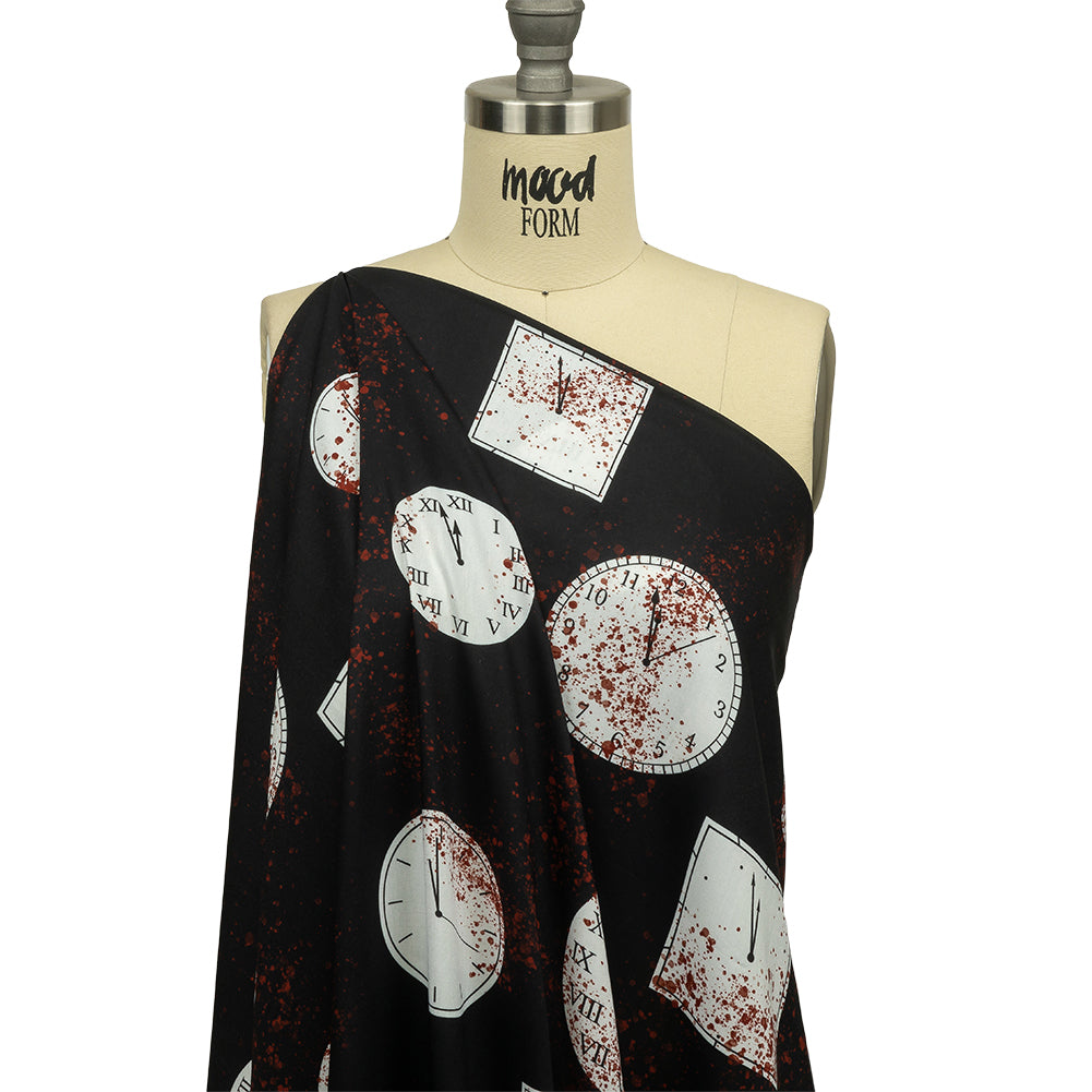 Rayon Batiste - Clocks and Blood Splatter - The Masque Print - Mood Exclusive Nevermore Collection - Drape Rayon Batiste - Clocks and Blood Splatter - The Masque Print - Mood Exclusive Nevermore Collection - Drape
