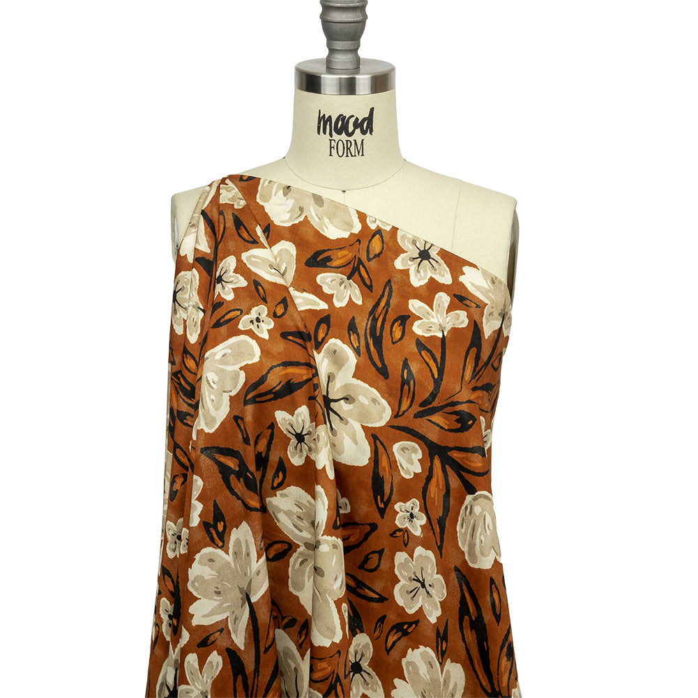 Rayon Challis - Burnt Orange Painterly Floral - Orange Wildflower Walk Print - Mood Exclusive Rockland Collection Rayon Challis - Burnt Orange Painterly Floral - Orange Wildflower Walk Print - Mood Exclusive Rockland Collection