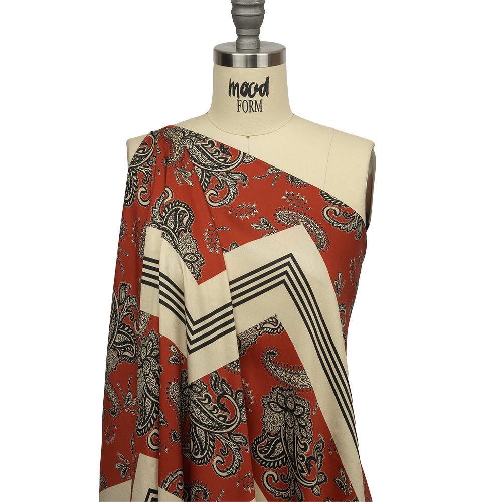 Rayon Challis - White and Orange Paisley and Chevron - Well Travelled Trails Print - Mood Exclusive Rockland Collection - Drape Rayon Challis - White and Orange Paisley and Chevron - Well Travelled Trails Print - Mood Exclusive Rockland Collection - Drape
