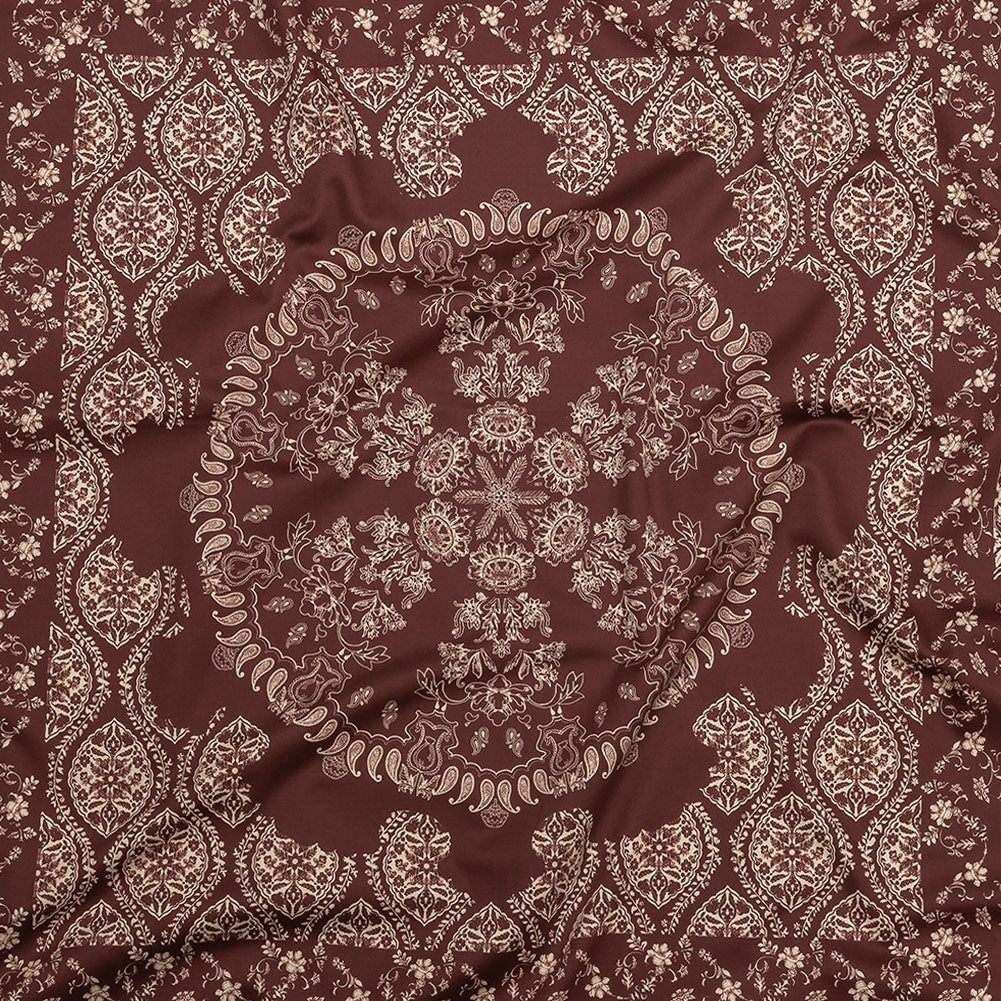 Stretch Cotton Sateen - Beige and Burgundy Paisley - Impressions in Time Print - Mood Exclusive Rockland Collection Stretch Cotton Sateen - Beige and Burgundy Paisley - Impressions in Time Print - Mood Exclusive Rockland Collection