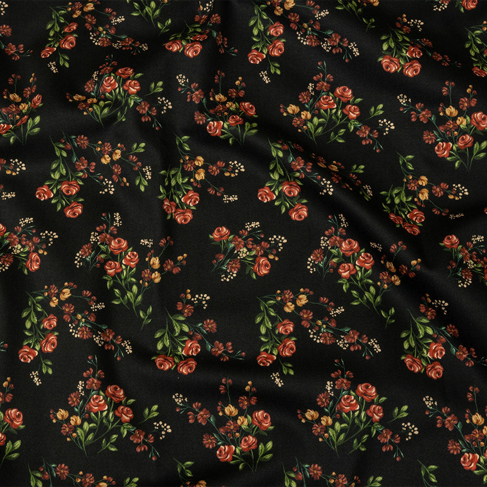 Stretch Cotton Sateen - Black and Pink Floral - Mason Jar Bouquet Print - Mood Exclusive Rockland Collection Stretch Cotton Sateen - Black and Pink Floral - Mason Jar Bouquet Print - Mood Exclusive Rockland Collection
