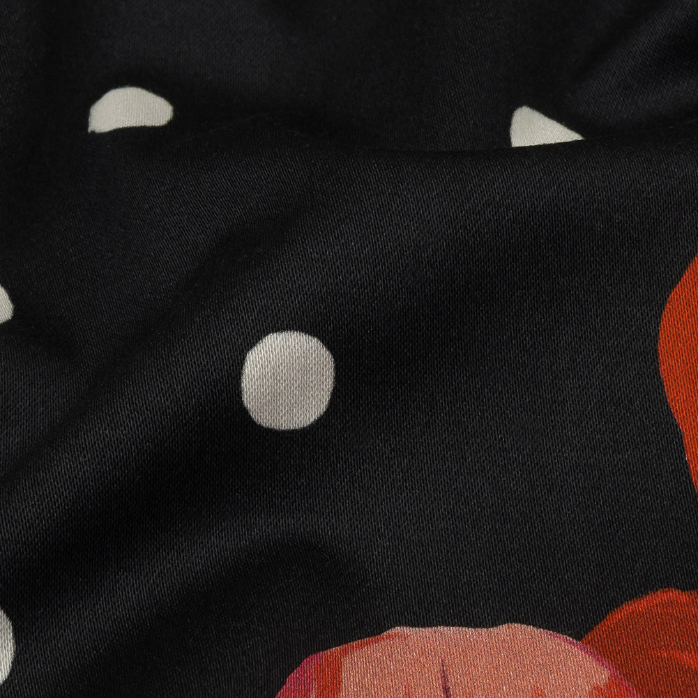 Stretch Cotton Sateen - Black Floral and Polka Dots - Treasures Renewed Print - Mood Exclusive Rockland Collection - Detail Stretch Cotton Sateen - Black Floral and Polka Dots - Treasures Renewed Print - Mood Exclusive Rockland Collection - Detail