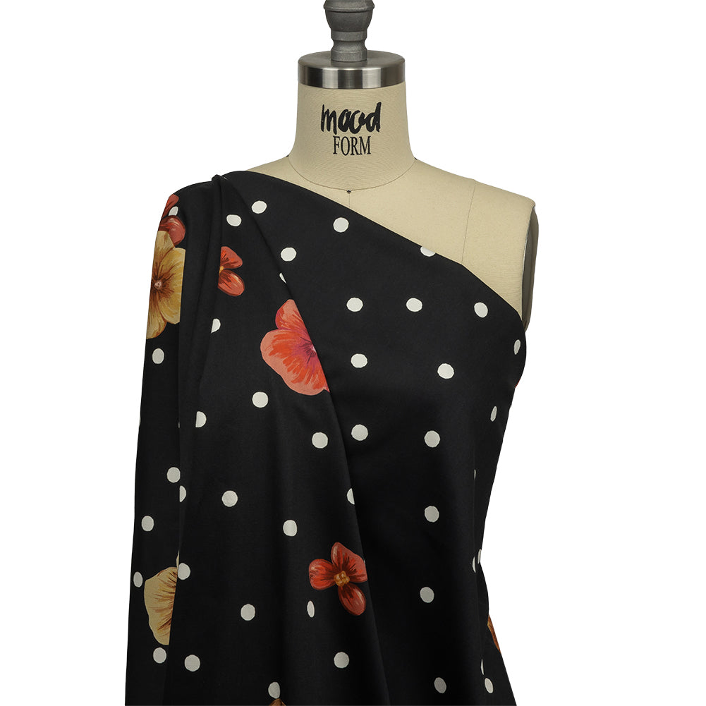 Stretch Cotton Sateen - Black Floral and Polka Dots - Treasures Renewed Print - Mood Exclusive Rockland Collection - Drape Stretch Cotton Sateen - Black Floral and Polka Dots - Treasures Renewed Print - Mood Exclusive Rockland Collection - Drape
