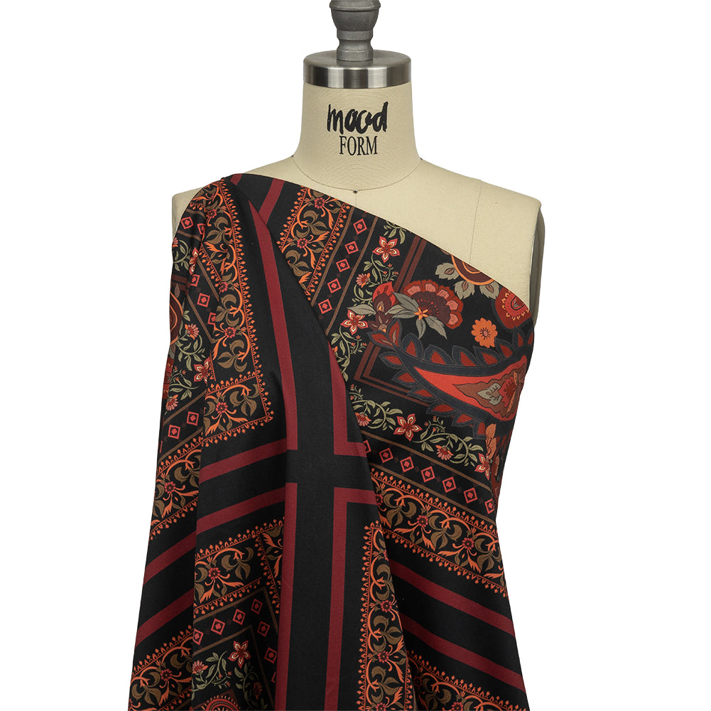 Stretch Cotton Sateen - Black and Red Paisley - Kaleidoscope Dreams Print - Mood Exclusive Rockland Collection - Drape Stretch Cotton Sateen - Black and Red Paisley - Kaleidoscope Dreams Print - Mood Exclusive Rockland Collection - Drape