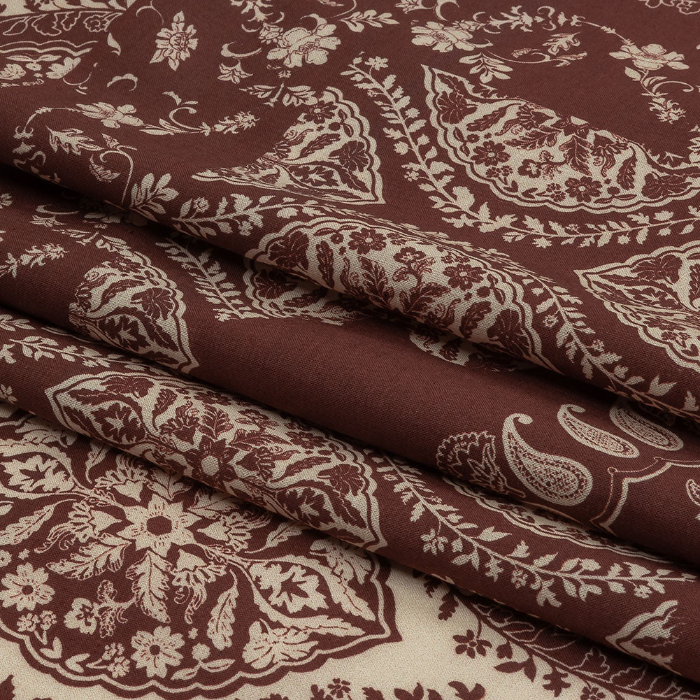 Cotton Voile Panel - Beige and Burgundy Paisley - Impressions in Time Print - Mood Exclusive Rockland Collection - Folded Cotton Voile Panel - Beige and Burgundy Paisley - Impressions in Time Print - Mood Exclusive Rockland Collection - Folded
