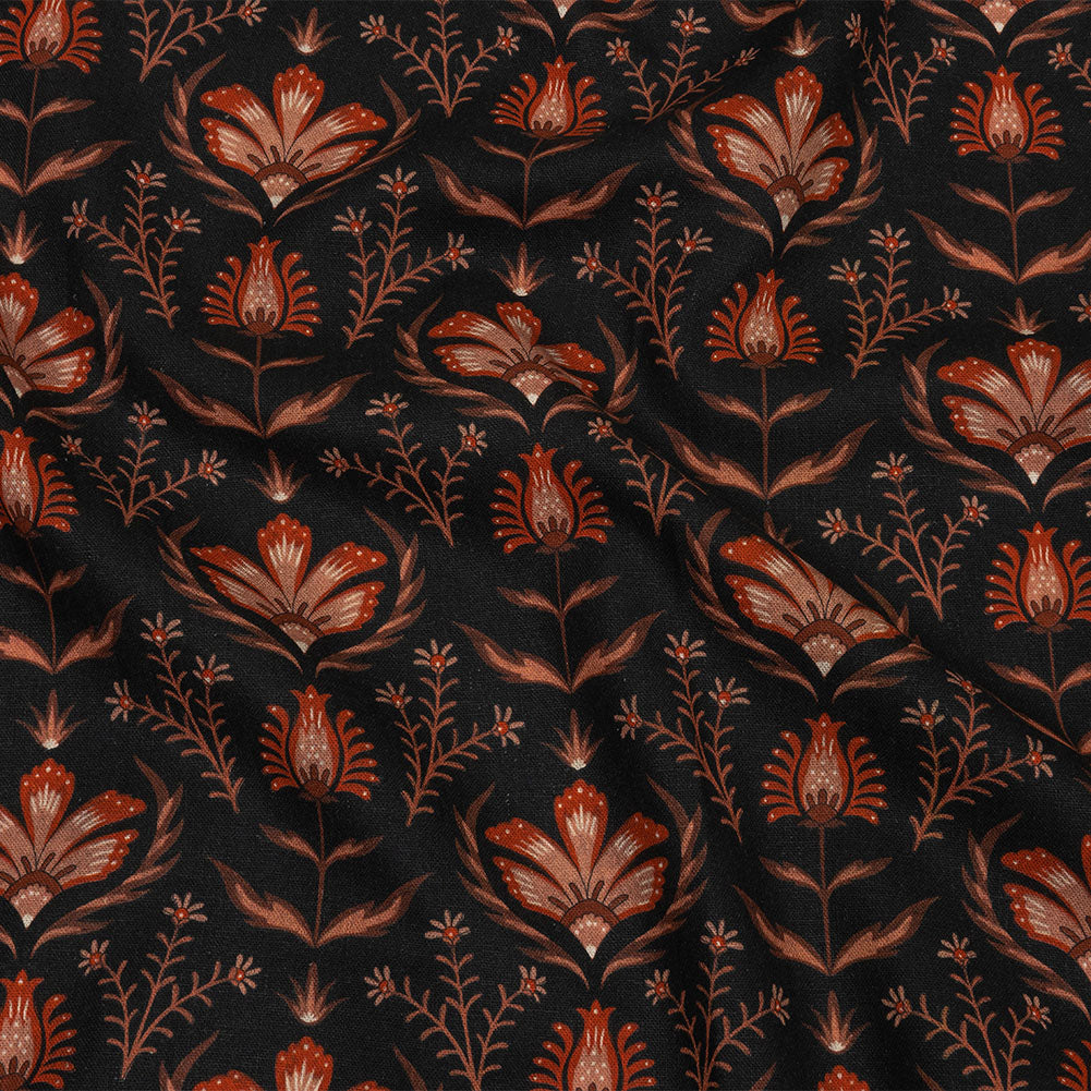 Linen and Rayon Woven - Black and Orange Floral - Watching the Fire Print - Mood Exclusive Rockland Collection Linen and Rayon Woven - Black and Orange Floral - Watching the Fire Print - Mood Exclusive Rockland Collection