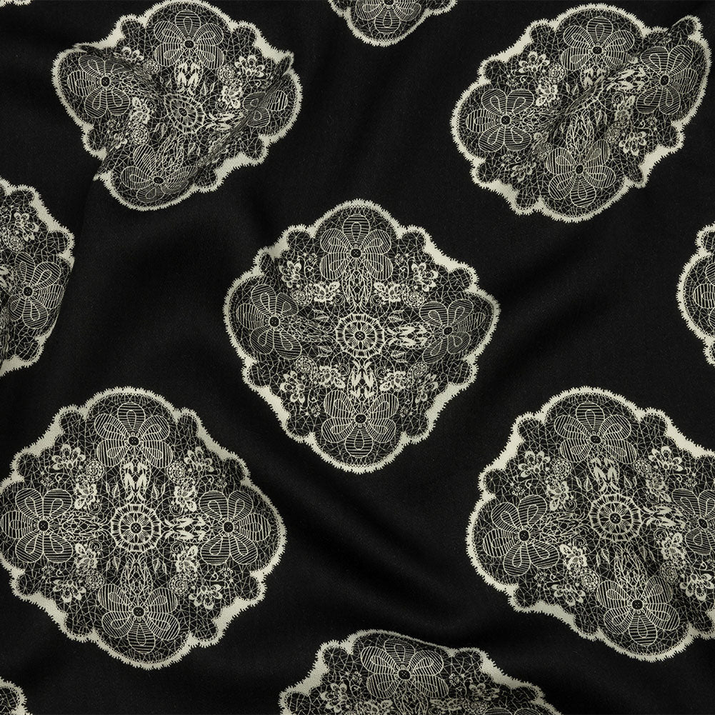 Rayon Challis - Black Lacy Medallions - Cathedral Windows Print - Mood Exclusive Metro Collection Rayon Challis - Black Lacy Medallions - Cathedral Windows Print - Mood Exclusive Metro Collection