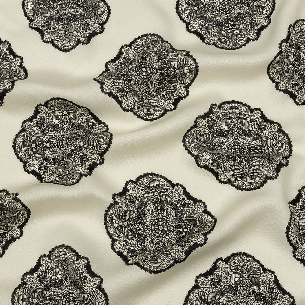 Rayon Challis - White Lacy Medallions - Cathedral Windows Print - Mood Exclusive Metro Collection Rayon Challis - White Lacy Medallions - Cathedral Windows Print - Mood Exclusive Metro Collection