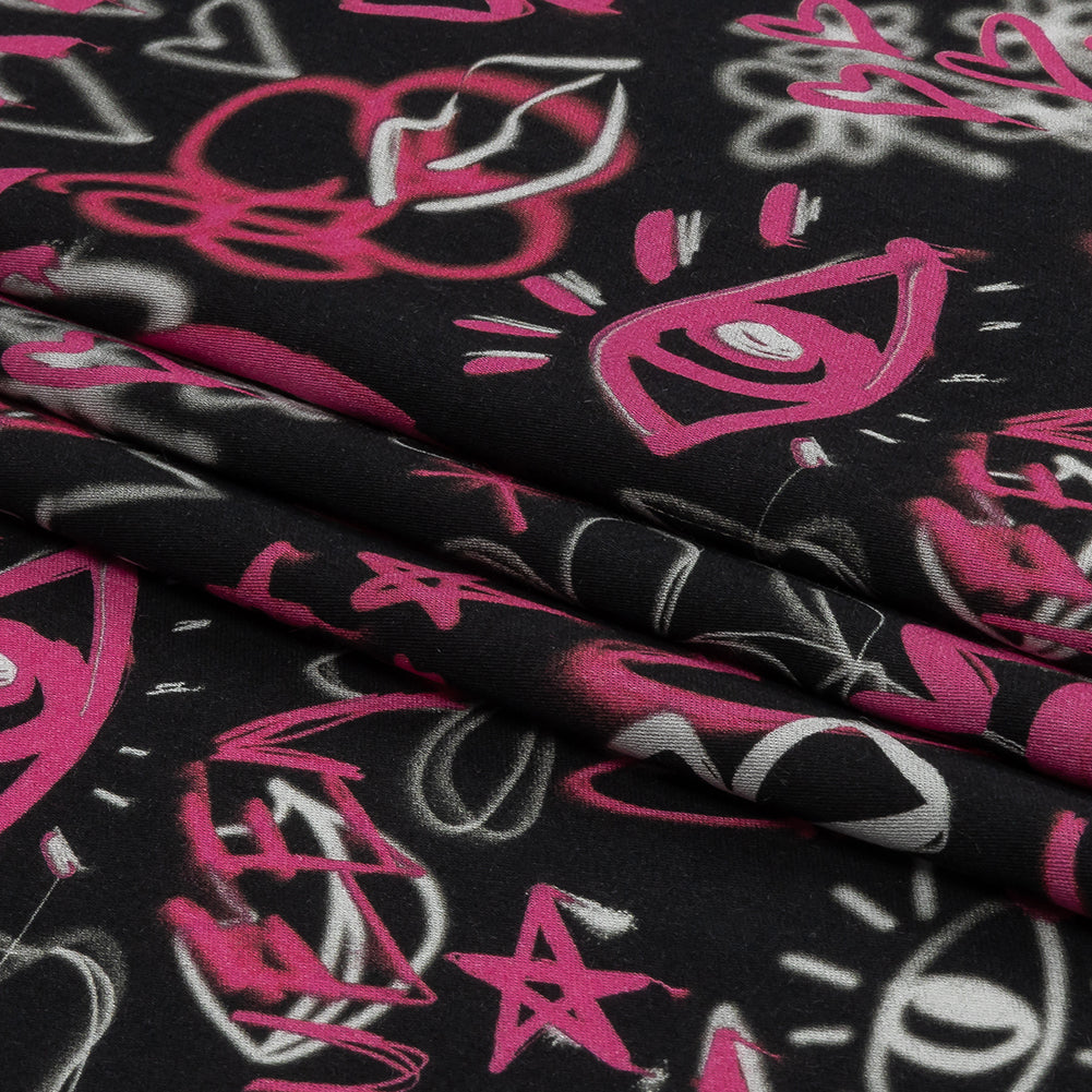 Rayon Challis - Pink and Black Graffiti Doodles - Spontaneous Collaboration Print - Mood Exclusive Metro Collection - Folded Rayon Challis - Pink and Black Graffiti Doodles - Spontaneous Collaboration Print - Mood Exclusive Metro Collection - Folded
