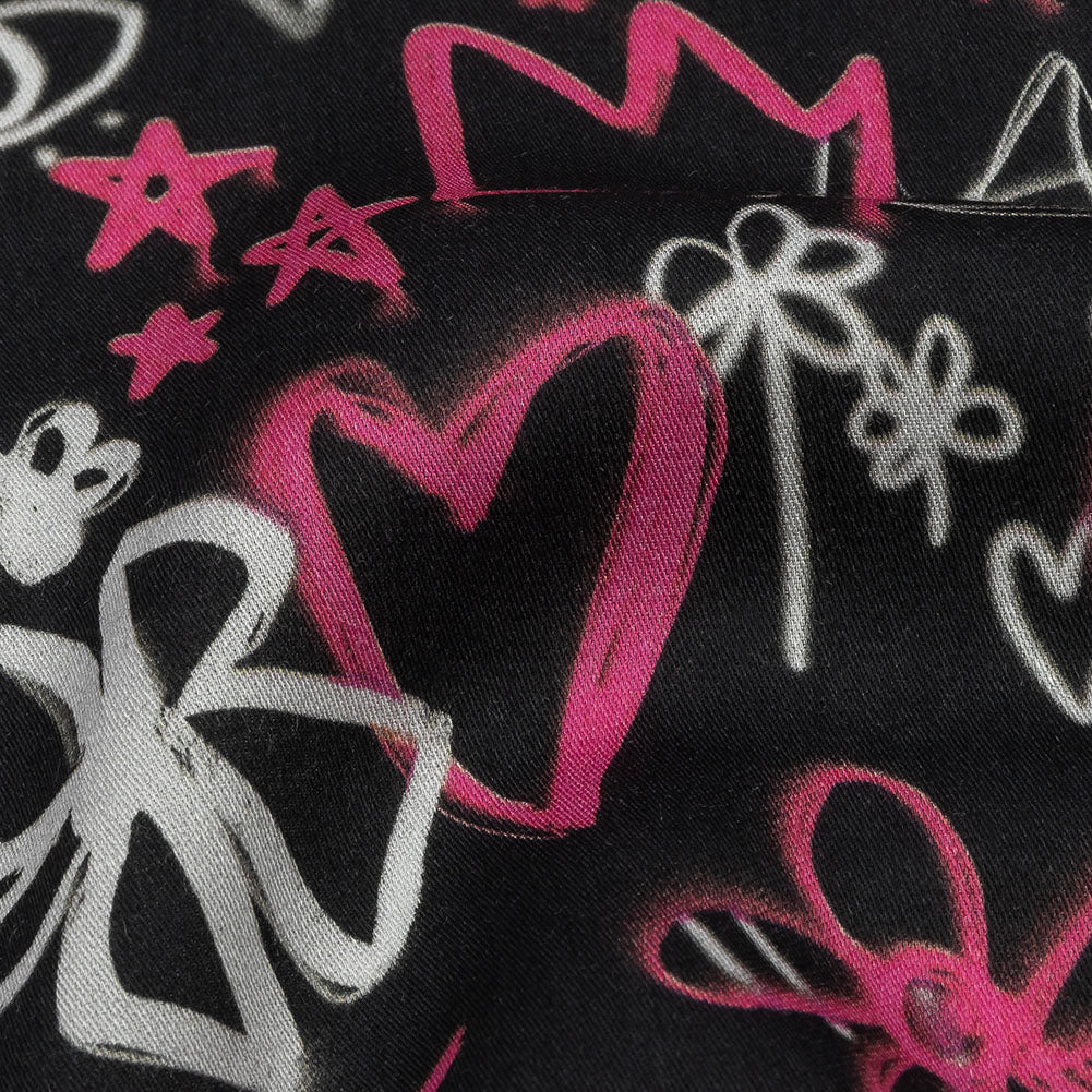 Rayon Challis - Pink and Black Graffiti Doodles - Spontaneous Collaboration Print - Mood Exclusive Metro Collection - Detail Rayon Challis - Pink and Black Graffiti Doodles - Spontaneous Collaboration Print - Mood Exclusive Metro Collection - Detail