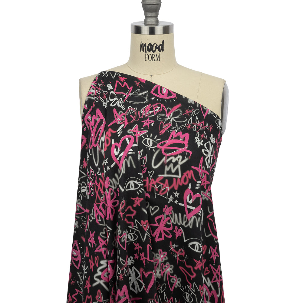 Rayon Challis - Pink and Black Graffiti Doodles - Spontaneous Collaboration Print - Mood Exclusive Metro Collection - Drape Rayon Challis - Pink and Black Graffiti Doodles - Spontaneous Collaboration Print - Mood Exclusive Metro Collection - Drape