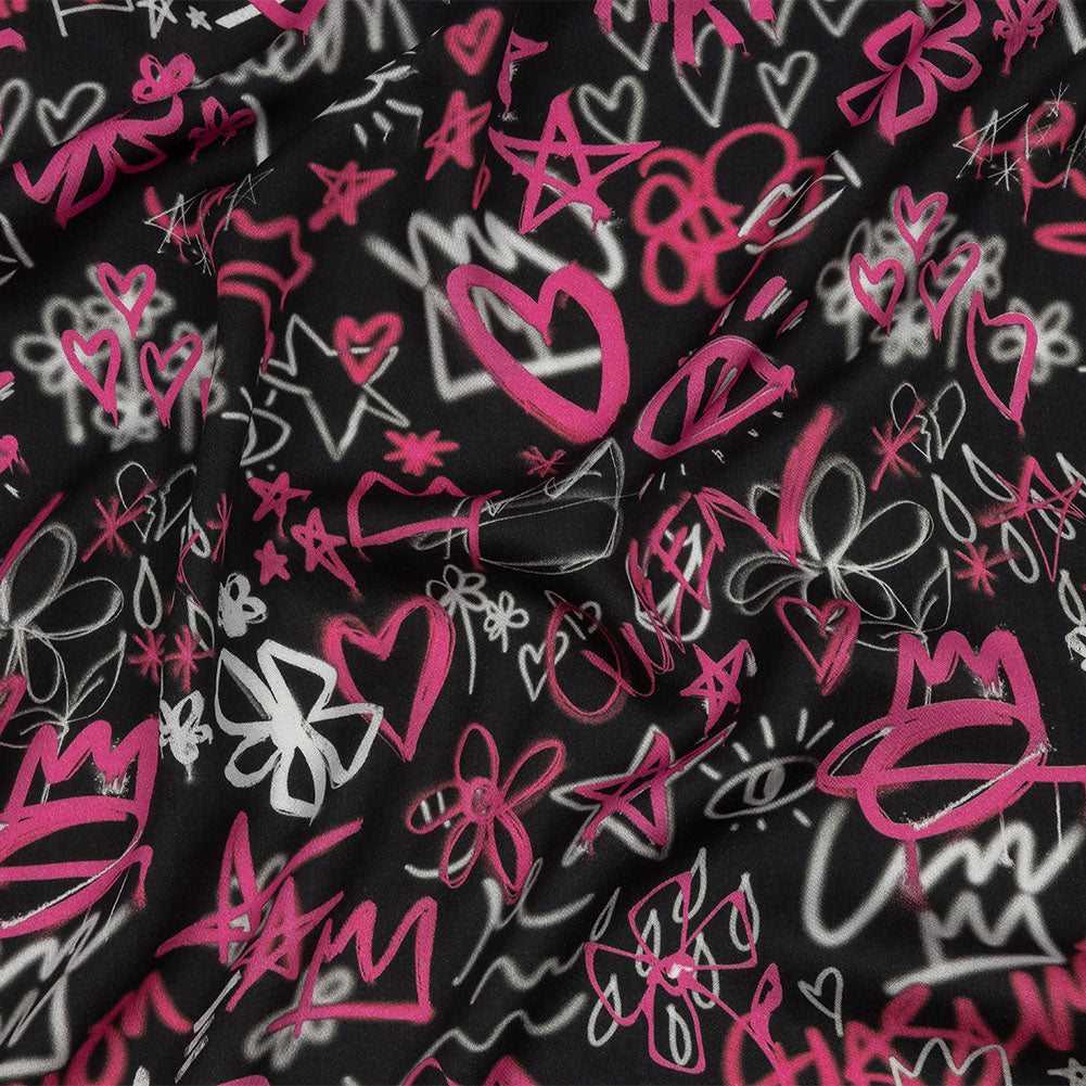 Rayon Challis - Pink and Black Graffiti Doodles - Spontaneous Collaboration Print - Mood Exclusive Metro Collection Rayon Challis - Pink and Black Graffiti Doodles - Spontaneous Collaboration Print - Mood Exclusive Metro Collection