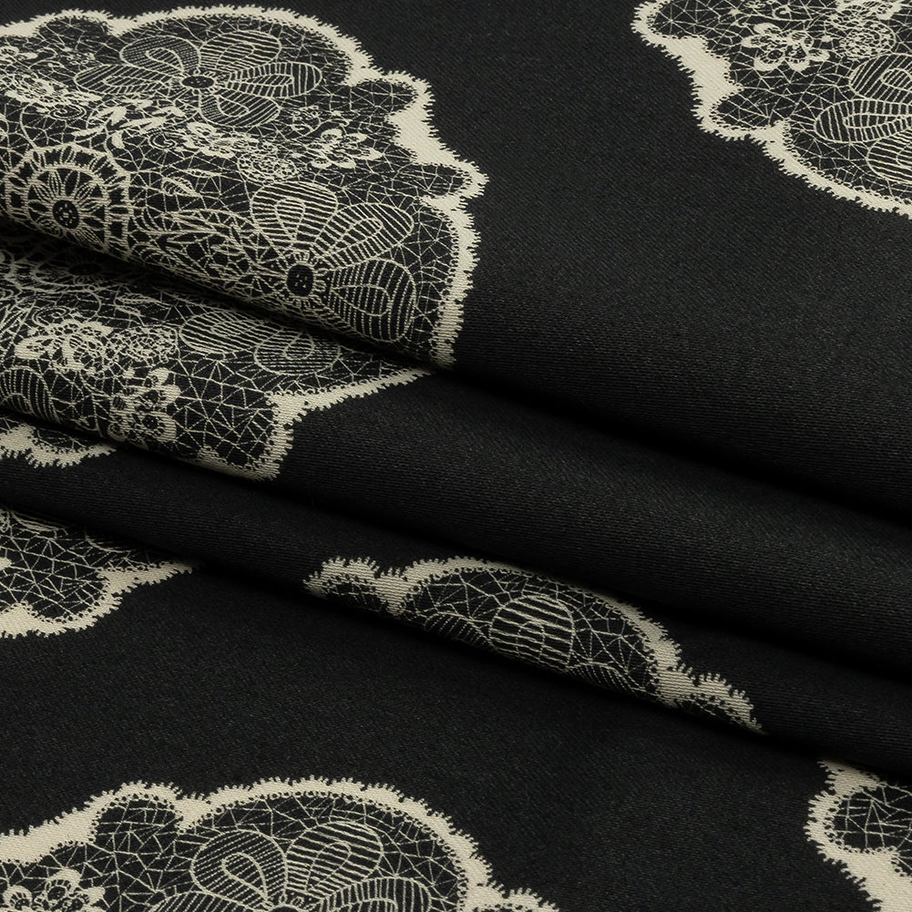 Stretch Cotton Sateen - Black Lacy Medallions - Cathedral Windows Print - Mood Exclusive Metro Collection Stretch Cotton Sateen - Black Lacy Medallions - Cathedral Windows Print - Mood Exclusive Metro Collection