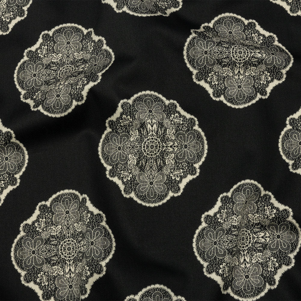 Stretch Cotton Sateen - Black Lacy Medallions - Cathedral Windows Print - Mood Exclusive Metro Collection Stretch Cotton Sateen - Black Lacy Medallions - Cathedral Windows Print - Mood Exclusive Metro Collection
