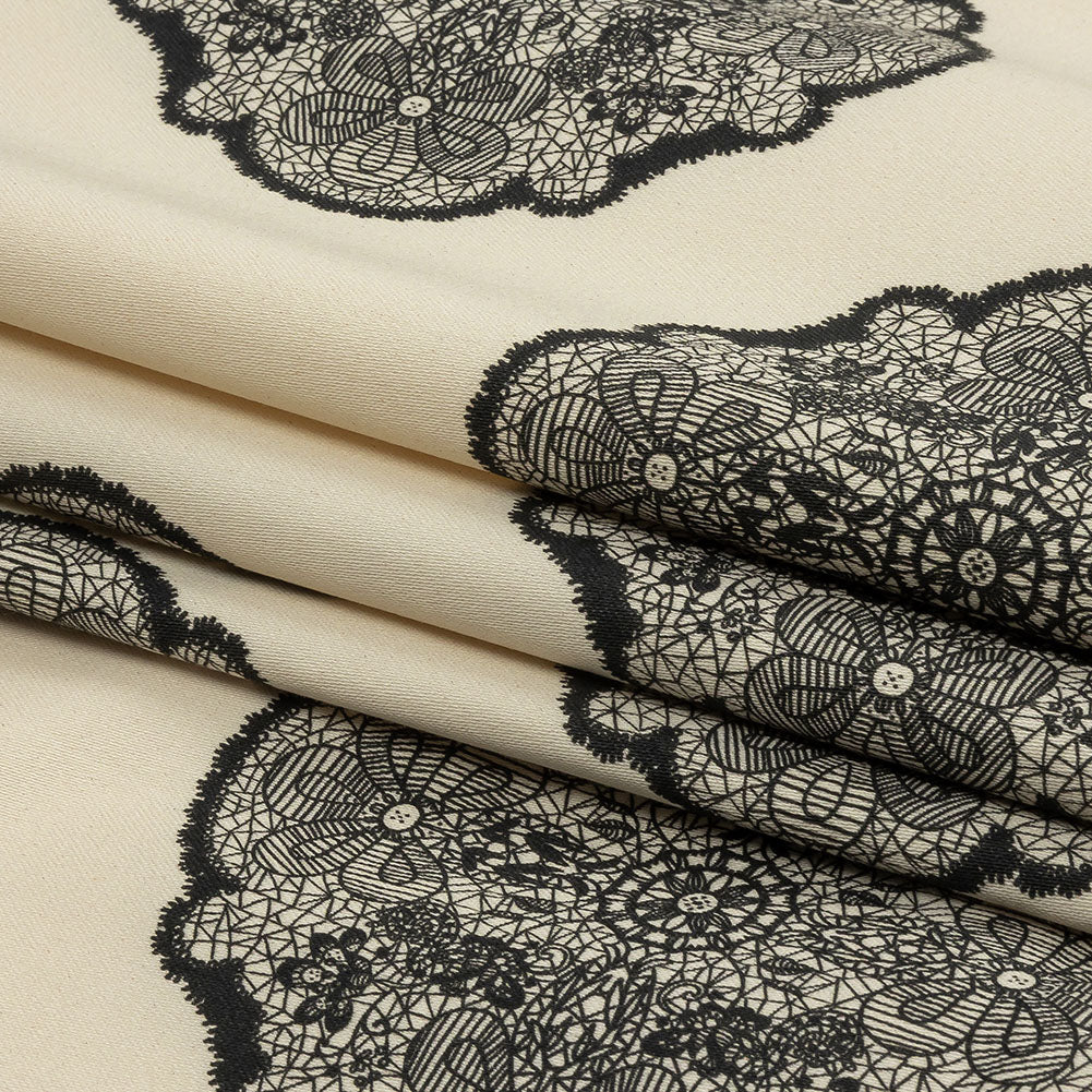 Stretch Cotton Sateen - White Lacy Medallions - Cathedral Windows Print - Mood Exclusive Metro Collection - Folded Stretch Cotton Sateen - White Lacy Medallions - Cathedral Windows Print - Mood Exclusive Metro Collection - Folded