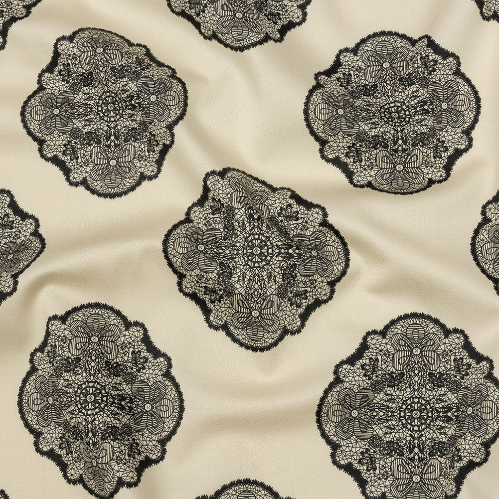 Stretch Cotton Sateen - White Lacy Medallions - Cathedral Windows Print - Mood Exclusive Metro Collection Stretch Cotton Sateen - White Lacy Medallions - Cathedral Windows Print - Mood Exclusive Metro Collection