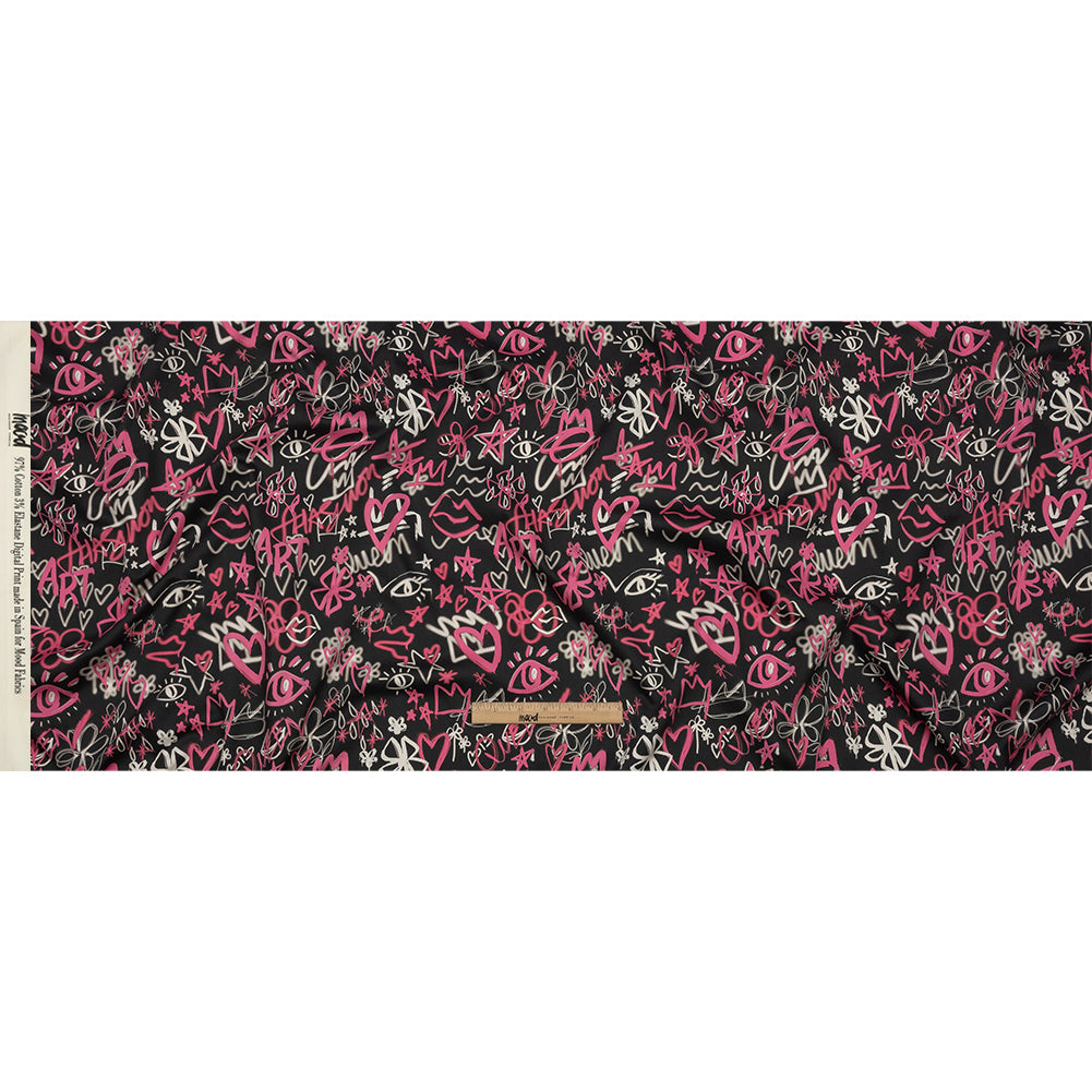 Stretch Cotton Sateen - Pink and Black Graffiti Doodles - Spontaneous Collaboration Print - Mood Exclusive Metro Collection - Full Stretch Cotton Sateen - Pink and Black Graffiti Doodles - Spontaneous Collaboration Print - Mood Exclusive Metro Collection - Full